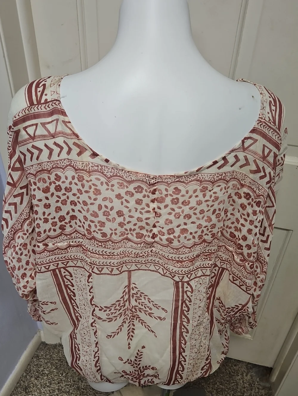 Free People Boho Lace-Up Peasant Top in Rust and Cream